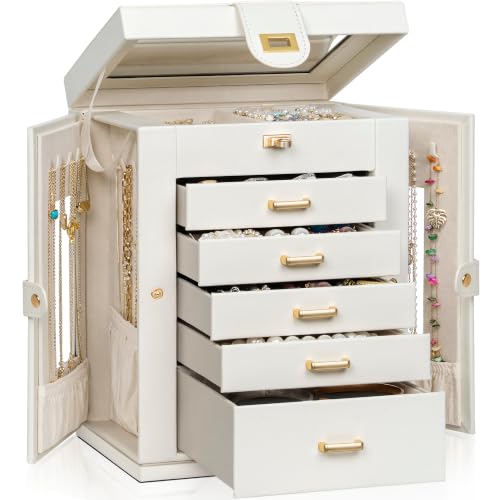 AKOZLIN 6-Tier Jewelry Box Organizer Functional 5 Drawers Leather Jewelry Storage Case for Women Girls Ring Necklace Earring Bracelet Holder Organizer with Mirror White 360° Rotating - color: White, size: S-Medium