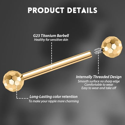 GAGABODY G23 Titanium 14G Tongue Piercing Nipple Jewelry Bridge Barbells | Internal Threaded Used in Nipple,Tongue,Bridge 14G Length from 12mm to 18mm Section Lightweight Daily Wear for Sensitive Skin - color: 1 Pair-Gold+Section Design Ball, size: 14G+9/