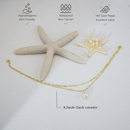 Bheop Ankle Bracelets for Women 14K Gold Silver Plated Waterproof Anklets | Evil Eye Pearl Heart Conch Shell Charm, Boho Adjustable Foot Chain, Dainty Summer Beach Jewelry Gifts, Non Tarnish - color: GD-Lips/Pearl