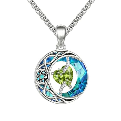 ONEFINITY Moon Star Necklace 18K White Gold Plated Celtic Moon Birthstone Pendant Necklaces Heart Birthstone Anniversary Birthday Jewelry Gifts for Women Wife Mom - style: August