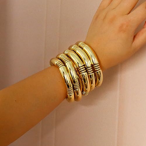 Gold Chunky Bangles Bracelets For Women 14k Gold Plated Stack Layered Curved Bamboo Tube Stretch Bracelets Gift Jewelry - color: 3pcs Gold