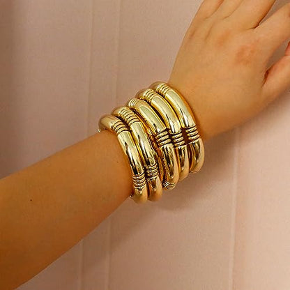 Gold Chunky Bangles Bracelets For Women 14k Gold Plated Stack Layered Curved Bamboo Tube Stretch Bracelets Gift Jewelry - color: 3pcs Gold