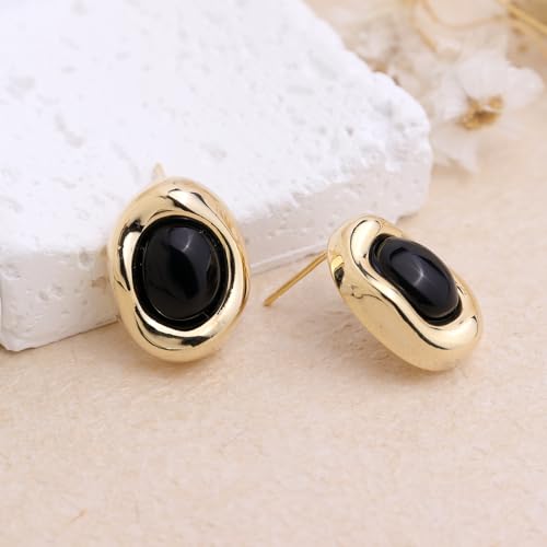 Jean Beau Chunky Gold Stone Stud Earrings for Women, Trendy Natural Gemstone Hypoallergenic Earing Valentine Jewelry Gift - color: Black