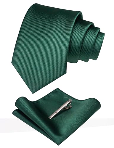 JEMYGINS Solid Color Formal Necktie and Pocket Square Tie Clip Sets for Men - color: Dark Green