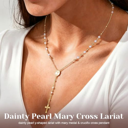 14K Gold/Silver Plated Miraculous Medal Rosary Cross Necklace Women | Miraculous Medal Y-Chain Rosary Necklace, Premium Gift Box, Catholic Milestone Gifts, Daily Faith Wear - style: Gold Style1
