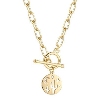 DoreenBeads 18K Gold Sun Moon Star Compass Pendant Necklace | Chunky Toggle Paperclip Chain Necklace with Heart Daisy Bee Charms for Women Girls 20 Inches - color: Dawn in Arizona Desert
