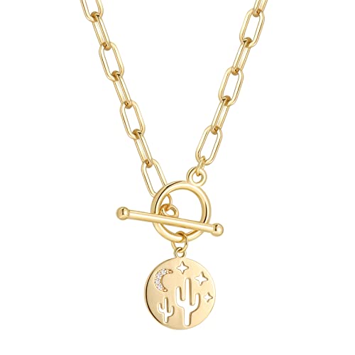DoreenBeads 18K Gold Sun Moon Star Compass Pendant Necklace | Chunky Toggle Paperclip Chain Necklace with Heart Daisy Bee Charms for Women Girls 20 Inches - color: Dawn in Arizona Desert