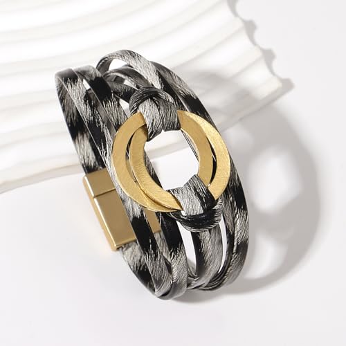 hotoo Circle Charm Bracelets for Women Handmade Leather Wrap Bracelets for Couples Friendship Bracelet Bohemian Cuff Bangle Boho Jewelry Gift - color: Light leopard