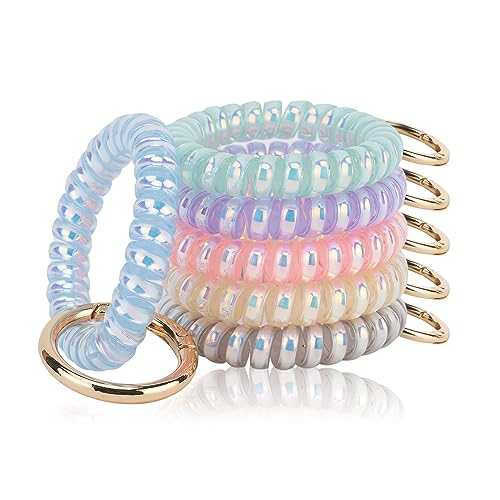 QIUTIMIY 6PCS Wristlet Keychain, Colorful Spiral Coil Hair Tie for Women, Sauna Accessaries Wrist Coil Key Ring Key Holder - color: Dazzle