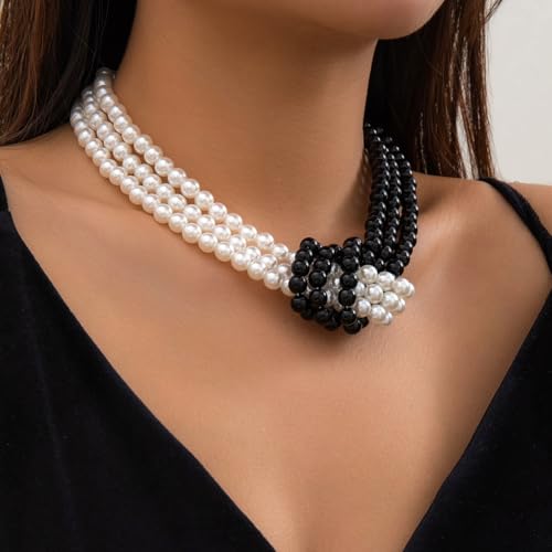 Knot Pearl Choker Necklace For Women 1920s Faux Pearl Bead Statement Necklace Adjustable Twisted Knot Charm Necklaces Jewelry Valentine Christmas Gift - color: Black
