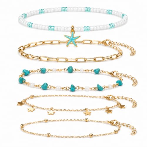 Ankle Bracelets for Women Gold Anklet Set Boho Vacation Gift | Gold anklet set for women 5 styles with matching gift pouch.Boho adjustable non-tarnish jewelry.Perfect present idea. - color: Starfish