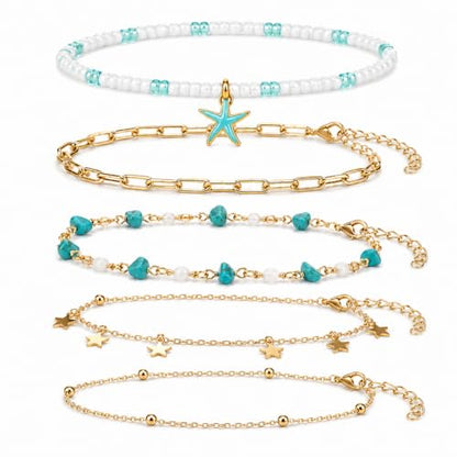 Ankle Bracelets for Women Gold Anklet Set Boho Vacation Gift | Gold anklet set for women 5 styles with matching gift pouch.Boho adjustable non-tarnish jewelry.Perfect present idea. - color: Starfish