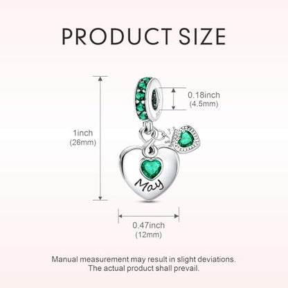 BLUELUNE Birthstone Charms, 925 Sterling Silver Dangle Charm with 5A Cubic Zirconia for Bracelets or Necklaces, Birthday, Mother's Day Present for Women - color: May