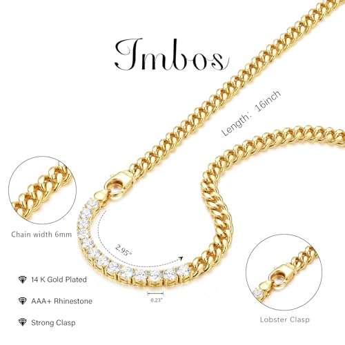 IMBOS 14K Gold Plated Chunky Chain Choker Necklaces for Women Chunky Gold Necklace Tennis Necklace for Women CZ Love Chain Cuban Link Choker Jewelry Gifts - color: Gold-Chunky Tennis