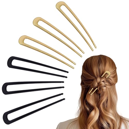 6Pcs Metal French Hair Pins for Women U Shape Sticks 3.9 Inch Vintage Fork for Hairstyle Accessories(Black/Gold) - color: Black/Gold