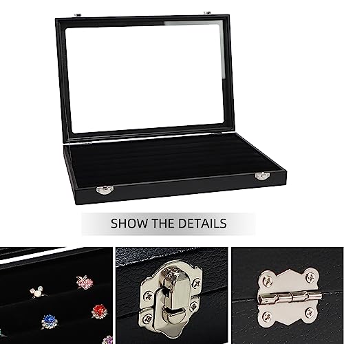 Wudygirl Ring Holder Leather Jewelry Tray with Lid 13.7"x9.4" Black | 7 Slot Ring Organizer with Velvet Liner, Ideal for Jewelry Storage, Dresser Drawer or Gift, Dustproof Design - style: 7 Slot Ring Tray