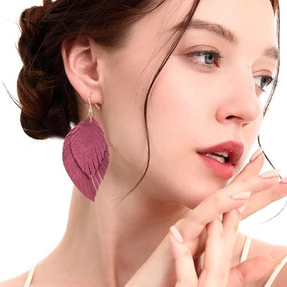Genuine Leather Handmade Fringe Feather Lightweight Dangle Drop Earrings Teardrop Tassel Hook Earrings for Women - style: 9 Light Red