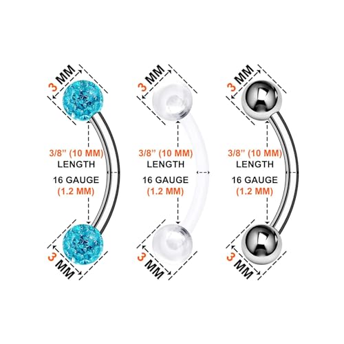 Surgical Steel Curved Barbell Ring 16g 5/16 8mm 3mm Ferido Ball Helix Earring Eyebrow Piercing Jewelry Choose Colors and Size - color: T-6pcs-Aqua-16g-3/8"(10mm)-3mmBall