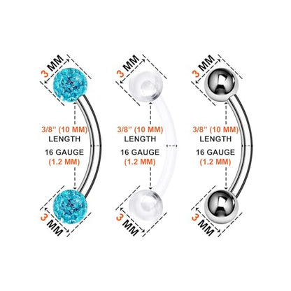 Surgical Steel Curved Barbell Ring 16g 5/16 8mm 3mm Ferido Ball Helix Earring Eyebrow Piercing Jewelry Choose Colors and Size - color: T-6pcs-Aqua-16g-3/8"(10mm)-3mmBall