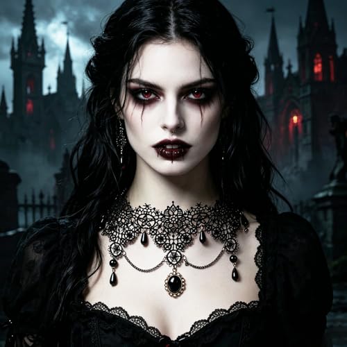 coadipress Gothic Lace Choker Necklace for Women Crystal Royal Court Vampire Choker Gothic Necklace Retro Handmade Halloween Gifts