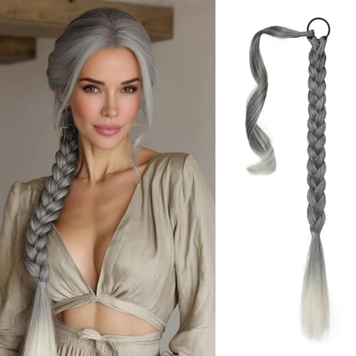 Long Braid Ponytail Extension with Hair Tie Straight Sleek Wrap Around Hair Extensions Braid Pony Tail Fluffy Natural Synthetic Hairpieces for Women Daily Wear,26 inch-Gray with White - color: Gray with White, size: 26 Inch (Pack of 1)
