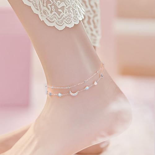 Flyow Anklet for Women S925 Sterling Silver Adjustable Foot Beaded Heart Charm Ankle Bracelet Anklets Jewelry - style: moon phase