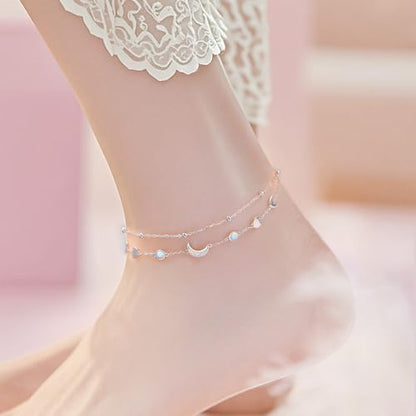 Flyow Anklet for Women S925 Sterling Silver Adjustable Foot Beaded Heart Charm Ankle Bracelet Anklets Jewelry - style: moon phase