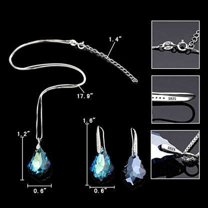 EleQueen 925 Sterling Silver CZ Baroque Drop Pendant Necklace Dangle Earrings Set Made with Austrian Crystal, Valentine's Day/Mother's Day/Christmas Jewelry Gift - color: Bermuda Blue
