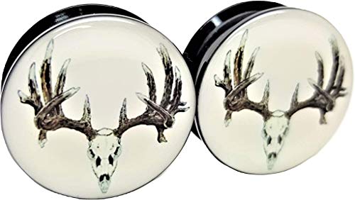 Deer Skull Ear Plugs - Acrylic Screw-On - 10 Sizes - *Pair* (0 Gauge (8mm))