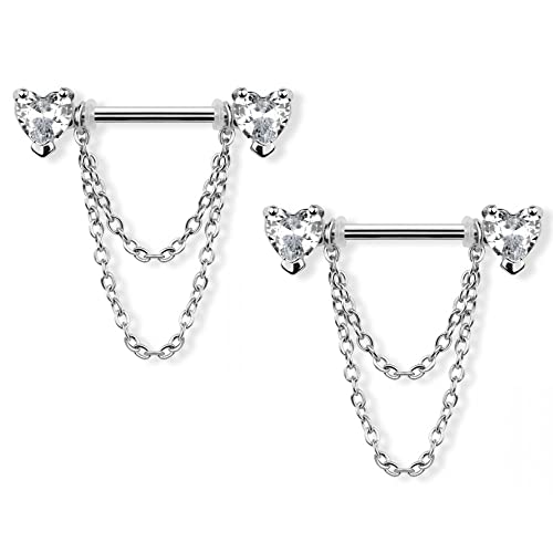 Pierced Owl 14GA 316L Stainless Steel CZ Crystal Hearts with Double Dangling Chains Nipple Barbells, Sold as a Pair - style: Silver Tone