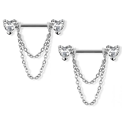 Pierced Owl 14GA 316L Stainless Steel CZ Crystal Hearts with Double Dangling Chains Nipple Barbells, Sold as a Pair - style: Silver Tone