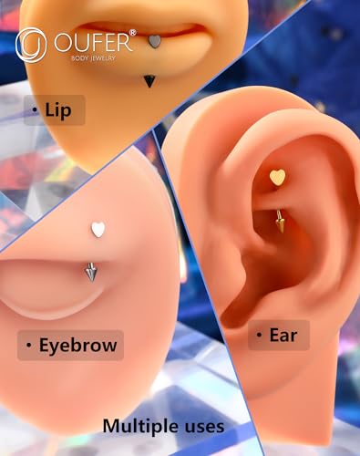 OUFER Rook Piercing Jewelry, G23 Solid Titanium Eyebrow Rings, Heart Vertical Labret Lip Jewelry, 16G Curved Barbells, Daith Rook Earrings for Women Men - color: Gold Black Silver Heart, size: 16G 8mm