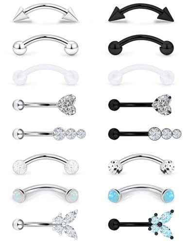 16g 8mm Silver/Black/Rainbow Eyebrow Piercing Jewelry Rings Curved Barbell Vertical Labret Lip Surgical Steel Small Belly Button Snake Eyes Tongue Rook Earrings for Women Men - color: Black / Blue