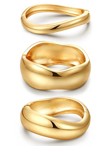 8YEARS Chunky Gold Bangle Bracelets for Women, 14k Gold Plated | Cuff Bangles, Stack Bracelet Set, Wide Trendy Fashion, Jewelry Gifts - color: D-Gold-3PCS