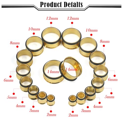 12G-25mm Single Flare Gauges Tunnels Plugs Stretching Set Kit 316L Surgical Steel Gauges Tunnle Plug for Ears 12G 10G 8G 6G 4G 2G 0G 00G 12mm 14mm 16mm 18mm 20mm 22mm 25mm - color: Gold Tone, size: 12G(2.0mm)-14mm