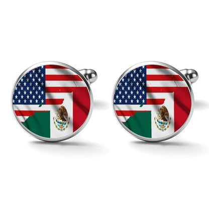 America Mexico Friendship USA Michoacan Mexican Flag Round Cufflink Set 1 Pair Stainless Steel Cufflinks Shirt for Men Business Wedding - size: 1.7cm