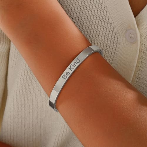 Inspirational Christian Bracelet for Women, Oval Engraved Bible Verse Love Bangle Cuff, Faith Scripture Jewelry, Religious Encouragement Gift for Mom Daughter Sister Friend - color: Be Kind-Oval Bangle Silver