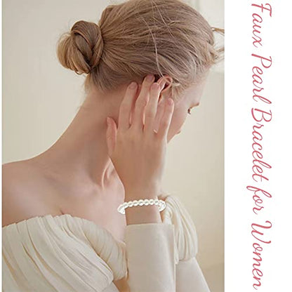 MOZAKA 30 Pieces 6mm/8mm Faux White Pearl Bracelets for Women Stackable Stretch Beaded Bracelets Simulated Pearl Bracelet Set for Bridesmaid Bridal Wedding Party Jewelry - style: B:8mm