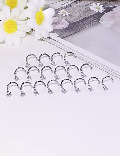 18G 20G 22G Nose Rings Studs with Cubic Zirconia 316L Surgical Steel Straight Screw L Shaped Nose Studs Piercing Jewelry for Women Men Girl CZ 1.5mm 2mm 2.5mm 3mm 20Pcs - color: B:18G Screw- Silver 2.5mm