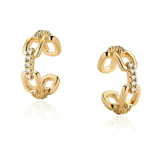 Bemoly Ear Cuff Earrings for Women 14K Gold Plated Cubic Zirconia Dangle Huggie Ear Cuffs Non Piercing | Clip On Cartilage - style: J-CHAIN-Pair