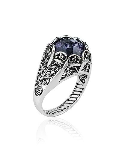 Filigranist 925 Sterling Silver Filigree Art Women Mini Dome Cocktail Ring with Gemstone, Gift Boxed - color: Amethyst