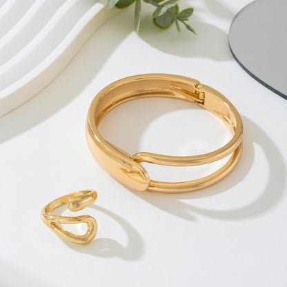 Gold Bangle Ring Set for Women Chunky Statement Jewelry Set Geometric Bangle Bracelet And Ring Minimalist Daily Wear Party Jewelry Gift - color: Gold A