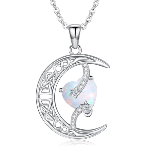 TOUPOP Moon and Star Birthstone Necklace for Women 925 Sterling Silver Celtic Moon Jewelry Birthday Mothers Day Gifts for Mom Wife Her - color: 10-October-Opal