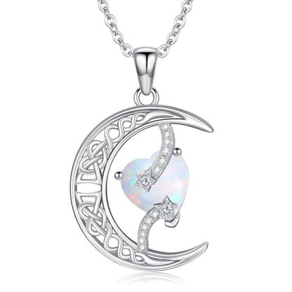 TOUPOP Moon and Star Birthstone Necklace for Women 925 Sterling Silver Celtic Moon Jewelry Birthday Mothers Day Gifts for Mom Wife Her - color: 10-October-Opal