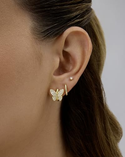 PAVOI 14K Gold Plated 925 Sterling Silver Posts Small Huggie Hoop Earrings for Women - Trendy Celestial North Star, Butterfly, Heart Hoop Earrings - Cubic Zirconia Cute Gold Motif Jewelry - Valentines Day Trendy Jewelry - style: Butterfly