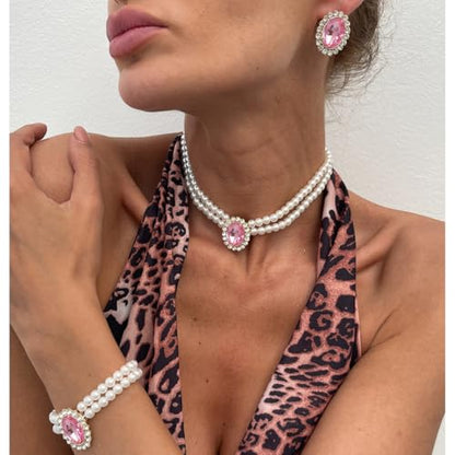 3Pcs Dainty Elegant Imitation Pearl Beaded Choker Necklace Bracelets Earrings Set Handmade Adjustable Faux Pearl Necklace for Women Bridal Wedding Party Prom Birthday Valentine Jewelry Gifts - color: C pink