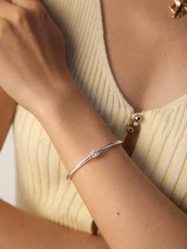 Gold Cuff Bracelets for Women, 14K Gold Plated Dainty Open CZ Cuff Bracelet Adjustable Stackable Open Bangle Bracelet Birthday Jewelry Gift for Her - color: Round CZ-Silver