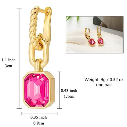 Birthstone Crystal Dangle Drop Earrings, 18K Gold Plated Huggie HoopEarring | Hypoallergenic Earring Jewelry Gifts for Women, Birthdays, anniversaries, weddings - color: Hot Pink-1