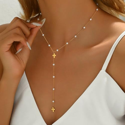 18K Gold Plated Minimalist Drop Y-Shaped Necklace for Women | Simple Lariat Necklace, Minimalist Everyday Jewelry,Y-Shaped Necklace - style: Y Pearl Cross-Gold