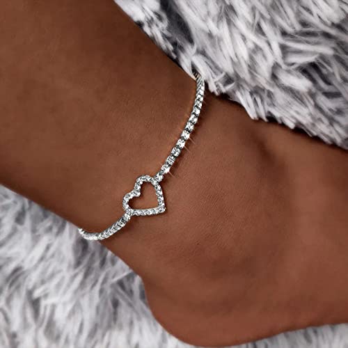 Fesciory Heart Rhinestone Ankle Bracelets for Women, Adjustable Silver Plated Shiny Tennis Anklets, Twinkle Cubic Zircon Imitation Diamond Anklet Foot Chain Jewelry Gifts - color: Hollow Heart1